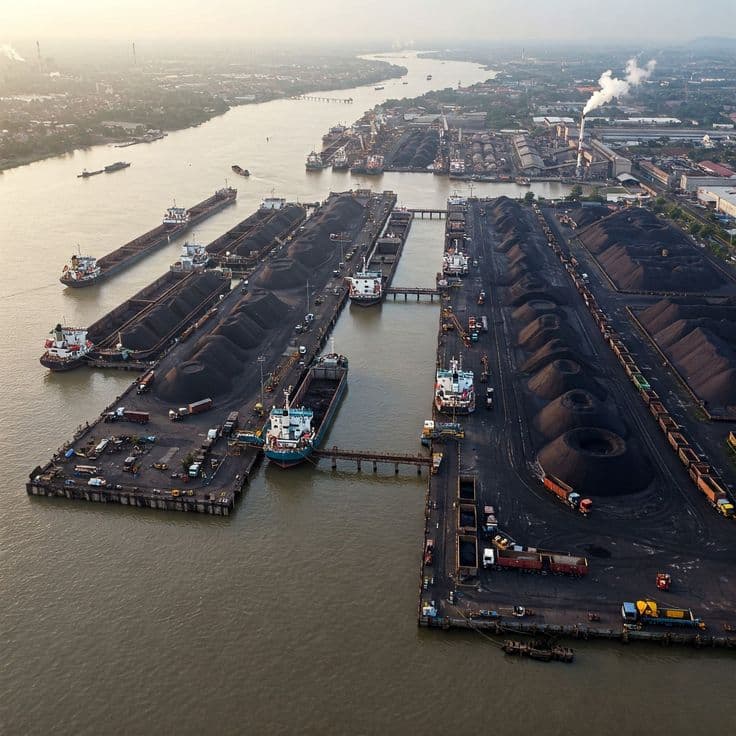 Bulk carrier alongside a dry bulk berth being worked by shore cranes